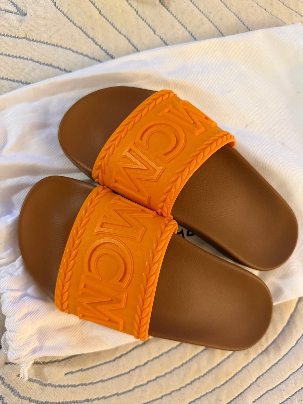 Orange Logo Slide Sandals on Brown Footbed